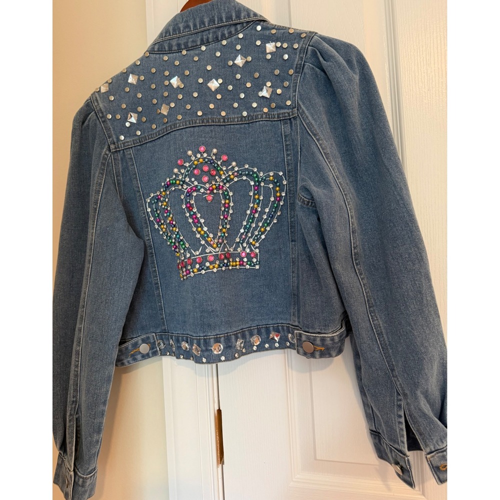 Mo&Hy Women Embellished Denim Jacket Pearl Rhinestone Crown Blue Cropped Puff M